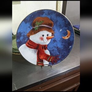 Vintage 1999 Snowman Christmas Elaine Thompson Art Serving Platter 12.5”